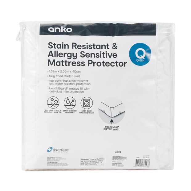 Stain Resistant and Allergy Sensitive Mattress Protector, Queen Bed, White - Anko