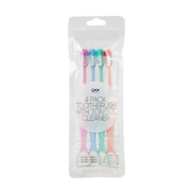 4 Pack Toothbrush with Tongue Cleaner, Orange, Green, Blue and Pink - OXX Bodycare