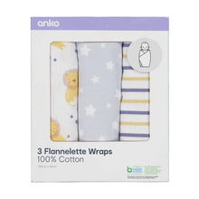 3 Pack Flannelette Wraps, Lion - Anko