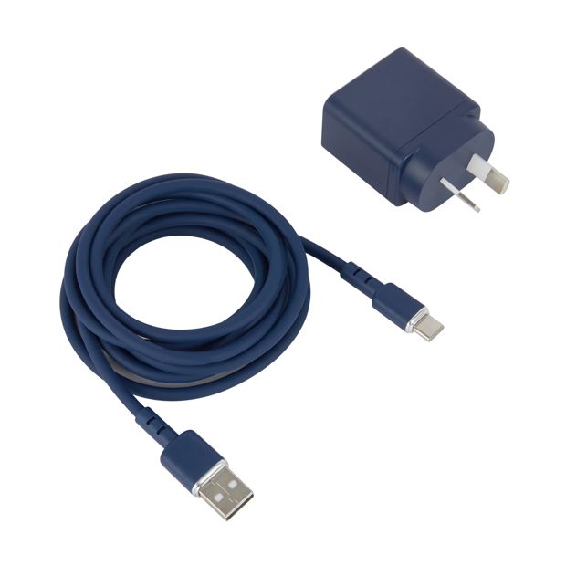 Wall USB Charger with USB-A to USB-C Cable, Blue - Anko