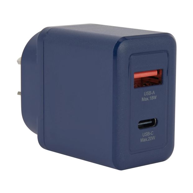 Wall USB Charger with USB-A to USB-C Cable, Blue - Anko