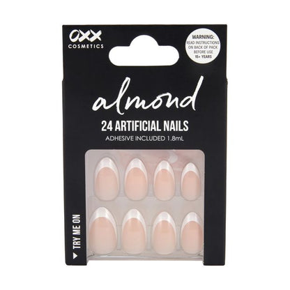 24 Pack Artificial Nails with Adhesive, Almond Shape, French Tip - OXX Cosmetics