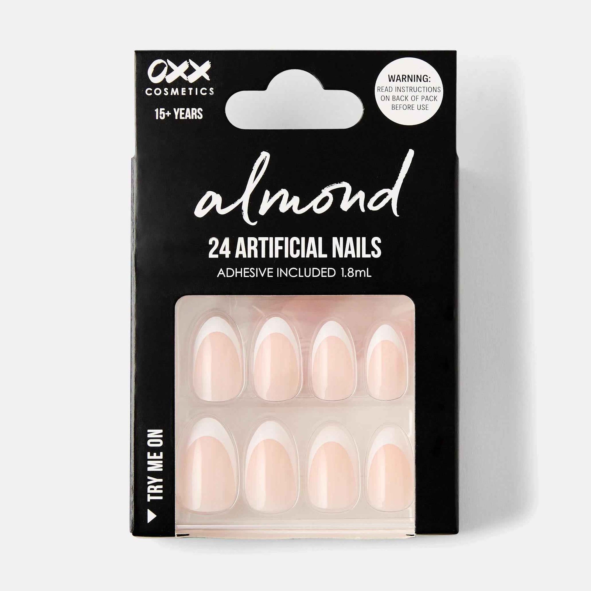 OXX Cosmetics 24 Pack Artificial Nails with Adhesive - Almond Shape, French Tip