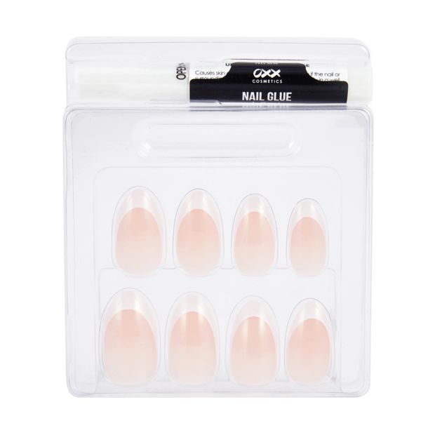 24 Pack Artificial Nails with Adhesive, Almond Shape, French Tip - OXX Cosmetics