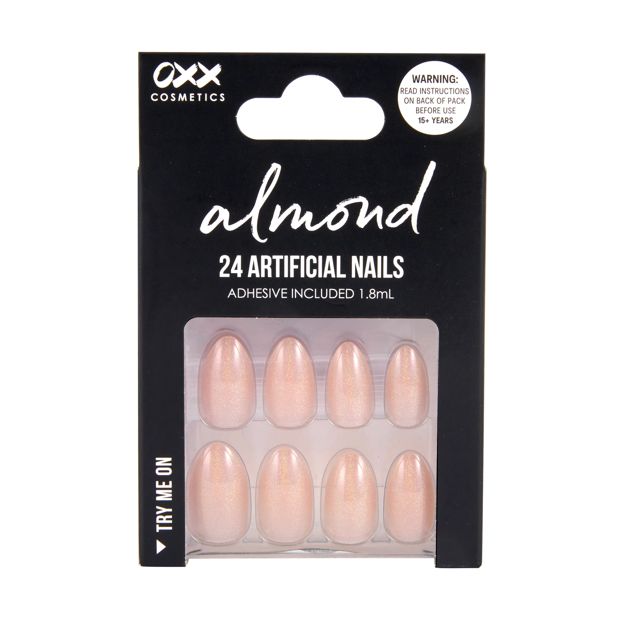 24 Pack Artificial Nails with Adhesive, Almond Shape, Pearl Glazed - OXX Cosmetics