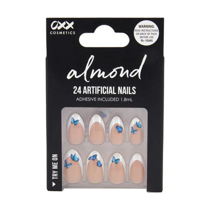 24 Pack Artificial Nails with Adhesive, Almond Shape, French Tip and Blue Butterflies - OXX Cosmetics