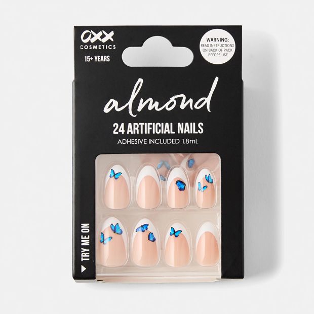 24 Pack Artificial Nails with Adhesive, Almond Shape, French Tip and Blue Butterflies - OXX Cosmetics