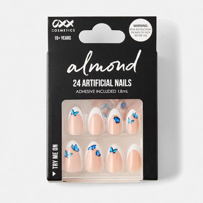 24 Pack Artificial Nails with Adhesive, Almond Shape, French Tip and Blue Butterflies - OXX Cosmetics