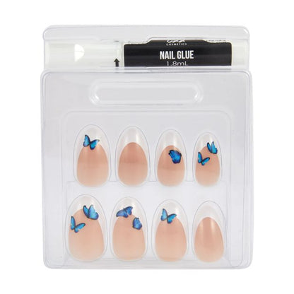 24 Pack Artificial Nails with Adhesive, Almond Shape, French Tip and Blue Butterflies - OXX Cosmetics