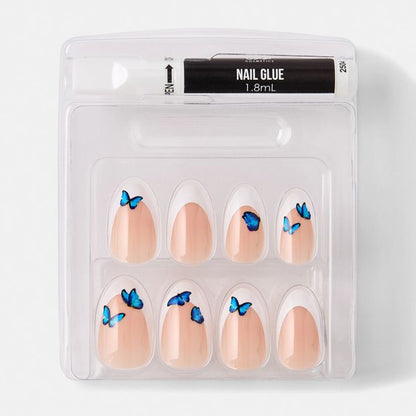 24 Pack Artificial Nails with Adhesive, Almond Shape, French Tip and Blue Butterflies - OXX Cosmetics