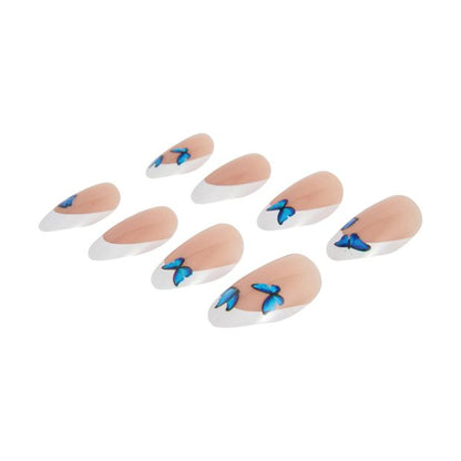 24 Pack Artificial Nails with Adhesive, Almond Shape, French Tip and Blue Butterflies - OXX Cosmetics