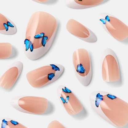 24 Pack Artificial Nails with Adhesive, Almond Shape, French Tip and Blue Butterflies - OXX Cosmetics