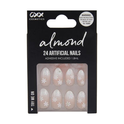 24 Pack Artificial Nails with Adhesive, Almond Shape, Flower Gems - OXX Cosmetics