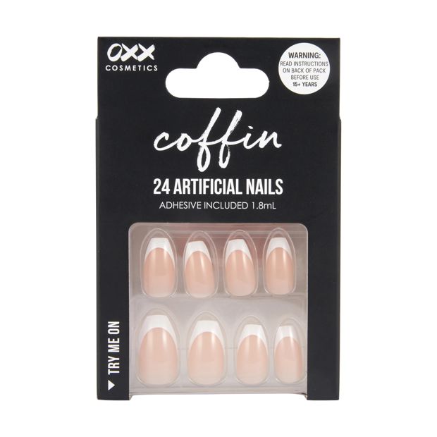 24 Pack Artificial Nails with Adhesive, Coffin Shape, French Tip - OXX Cosmetics