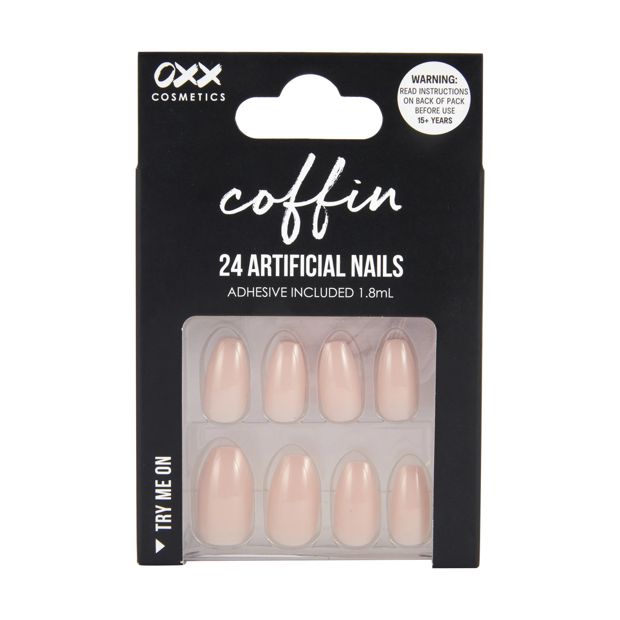 24 Pack Artificial Nails with Adhesive, Coffin Shape, Nude - OXX Cosmetics