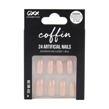 24 Pack Artificial Nails with Adhesive, Coffin Shape, Nude - OXX Cosmetics