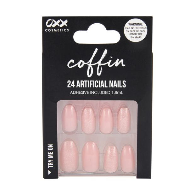 24 Pack Artificial Nails with Adhesive, Coffin Shape, Pink Shimmer - OXX Cosmetics