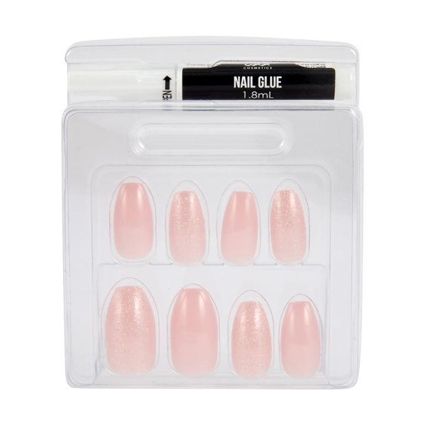 24 Pack Artificial Nails with Adhesive, Coffin Shape, Pink Shimmer - OXX Cosmetics
