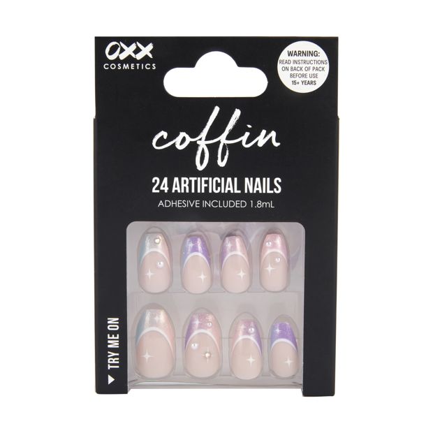 24 Pack Artificial Nails with Adhesive, Coffin Shape, Dusk Shimmer - OXX Cosmetics