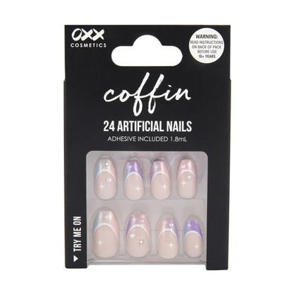 24 Pack Artificial Nails with Adhesive, Coffin Shape, Dusk Shimmer - OXX Cosmetics