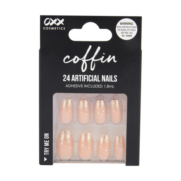 24 Pack Artificial Nails with Adhesive, Coffin Shape, Nude Gold Tone - OXX Cosmetics