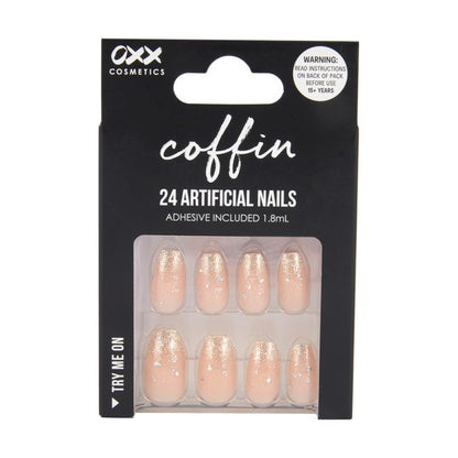 24 Pack Artificial Nails with Adhesive, Coffin Shape, Nude Gold Tone - OXX Cosmetics