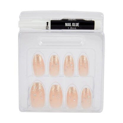 24 Pack Artificial Nails with Adhesive, Coffin Shape, Nude Gold Tone - OXX Cosmetics