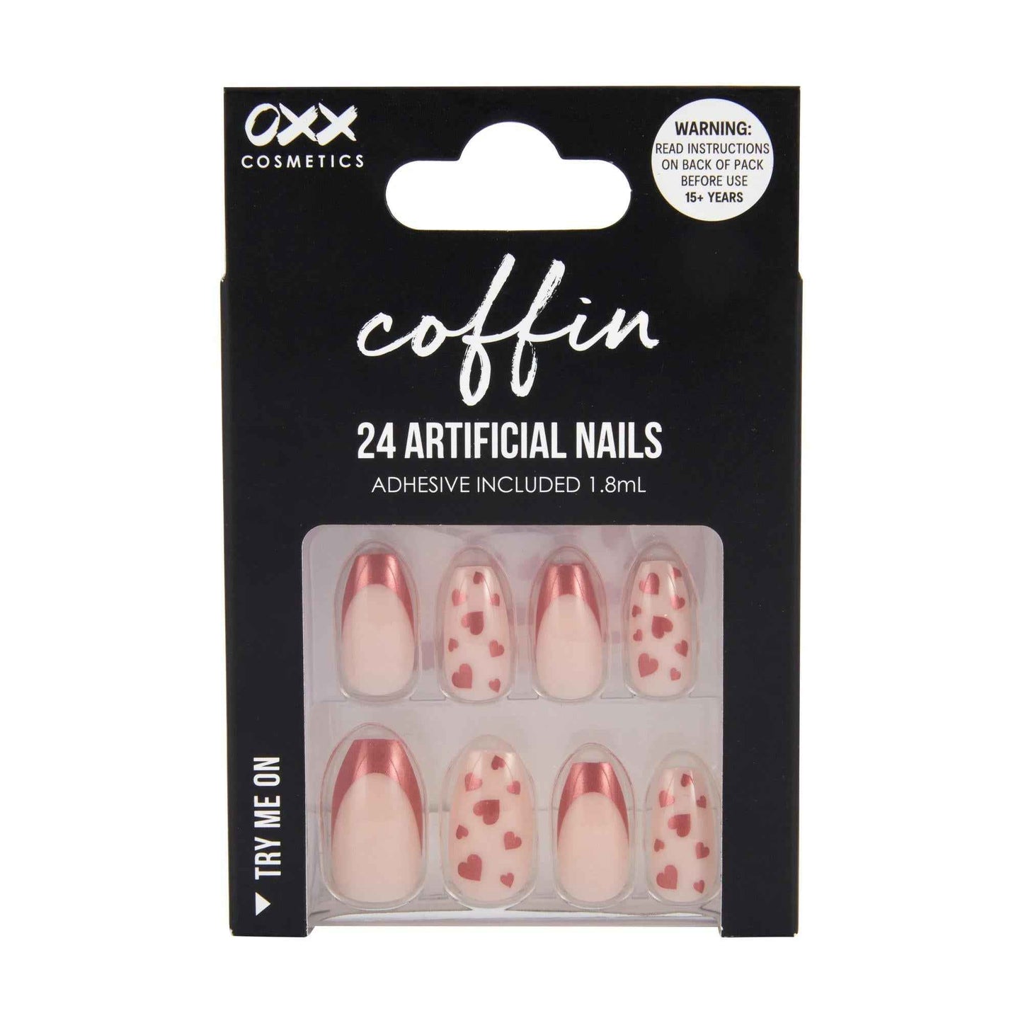 OXX Cosmetics 24 Pack Artificial Nails with Adhesive - Coffin Shape, Red Tip Hearts
