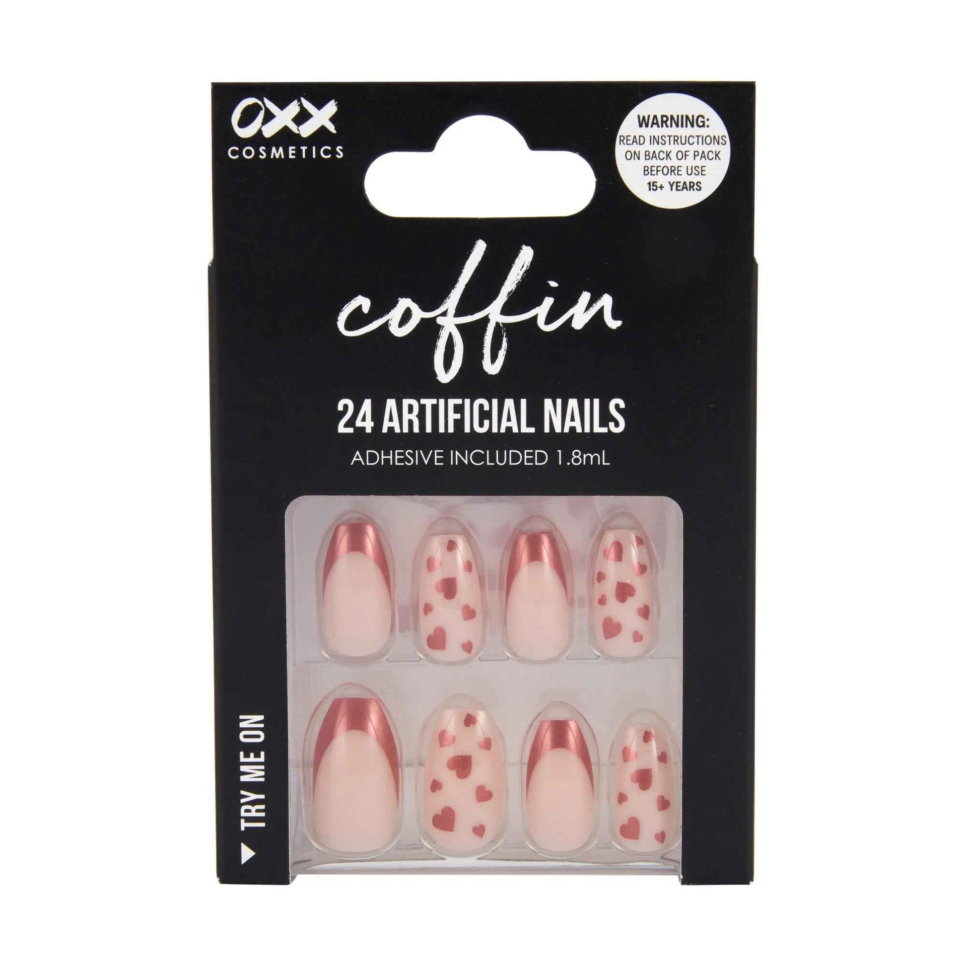 OXX Cosmetics 24 Pack Artificial Nails with Adhesive - Coffin Shape, Red Tip Hearts