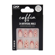 OXX Cosmetics 24 Pack Artificial Nails with Adhesive - Coffin Shape, Red Tip Hearts