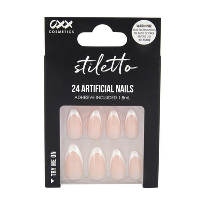 24 Pack Artificial Nails with Adhesive, Stiletto Shape, French Tip - OXX Cosmetics