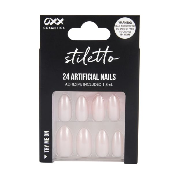 24 Pack Artificial Nails with Adhesive, Stiletto Shape, Light Pink Glaze - OXX Cosmetics