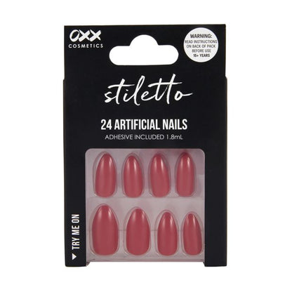 24 Pack Artificial Nails with Adhesive, Stiletto Shape, Red - OXX Cosmetics