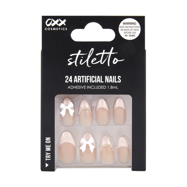 24 Pack Artificial Nails with Adhesive, Stiletto Shape, 3D Bow - OXX Cosmetics
