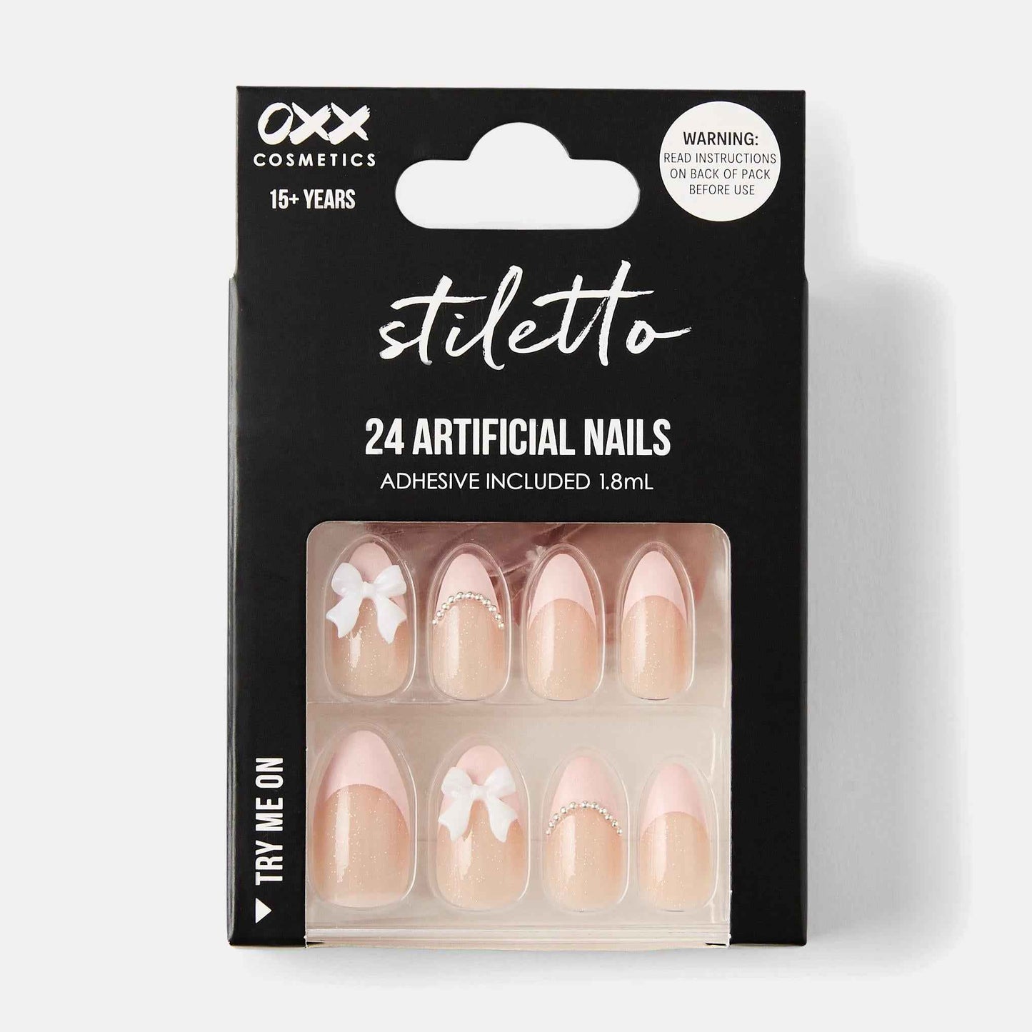 OXX Cosmetics 24 Pack Artificial Nails with Adhesive - Stiletto Shape, 3D Bow