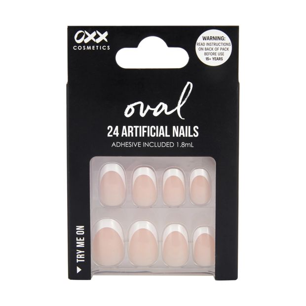 24 Pack Artificial Nails with Adhesive, Oval Shape, French Tip - OXX Cosmetics