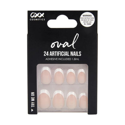 24 Pack Artificial Nails with Adhesive, Oval Shape, French Tip - OXX Cosmetics