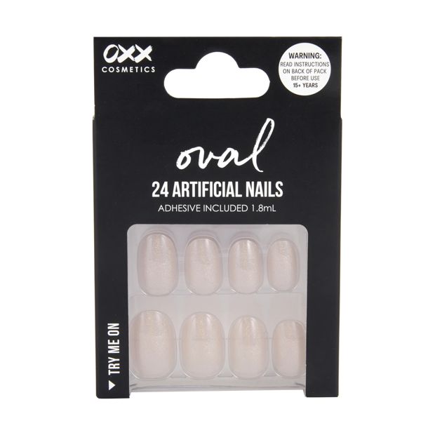 24 Pack Artificial Nails with Adhesive, Oval Shape, Pearl Glaze - OXX Cosmetics