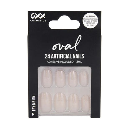 24 Pack Artificial Nails with Adhesive, Oval Shape, Pearl Glaze - OXX Cosmetics