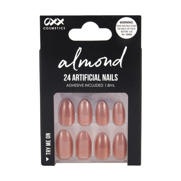 24 Pack Artificial Nails with Adhesive, Almond Shape, Brown - OXX Cosmetics