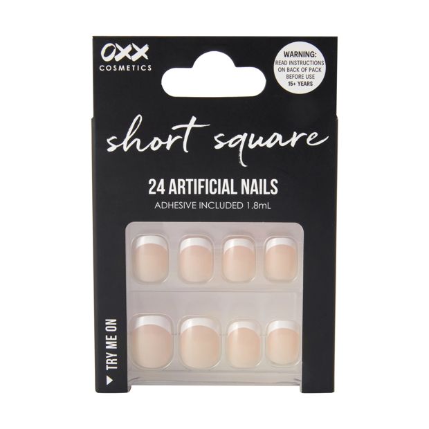 24 Pack Artificial Nails with Adhesive, Short Square Shape, French Tip - OXX Cosmetics