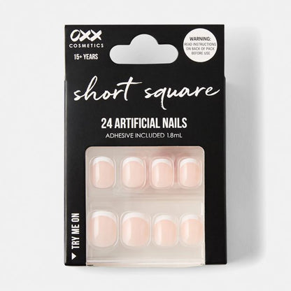 24 Pack Artificial Nails with Adhesive, Short Square Shape, French Tip - OXX Cosmetics