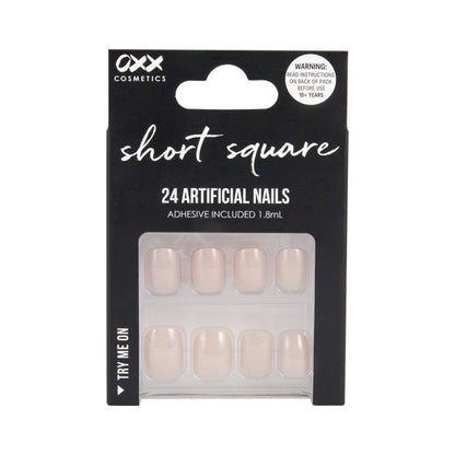 24 Pack Artificial Nails with Adhesive, Short Square Shape, Pearl Glazed - OXX Cosmetics