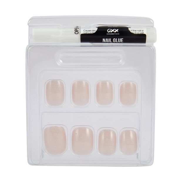 24 Pack Artificial Nails with Adhesive, Short Square Shape, Pearl Glazed - OXX Cosmetics
