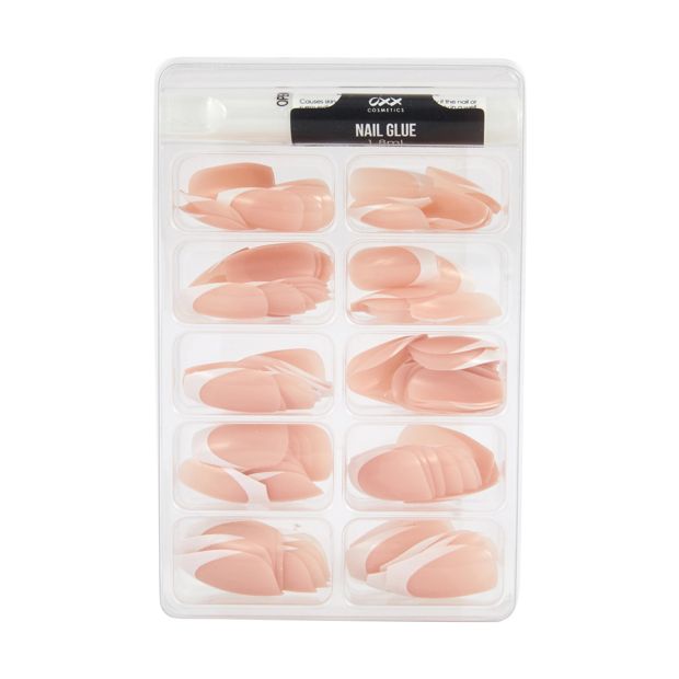 100 Pack Artificial Nails with Adhesive, Coffin Shape, French Tip - OXX Cosmetics