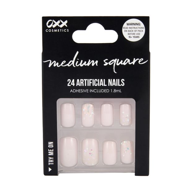 24 Pack Artificial Nails with Adhesive, Medium Square Shape, Soft Pink Glitter - OXX Cosmetics