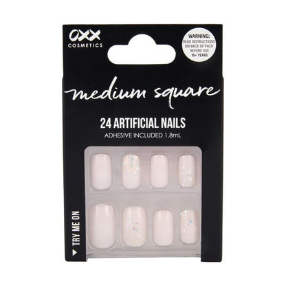 24 Pack Artificial Nails with Adhesive, Medium Square Shape, Soft Pink Glitter - OXX Cosmetics