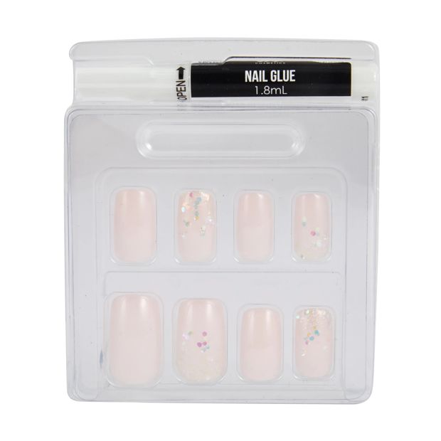 24 Pack Artificial Nails with Adhesive, Medium Square Shape, Soft Pink Glitter - OXX Cosmetics
