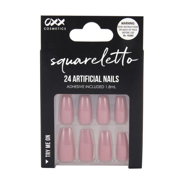 24 Pack Artificial Nails with Adhesive, Squareletto Shape, Nude - OXX Cosmetics