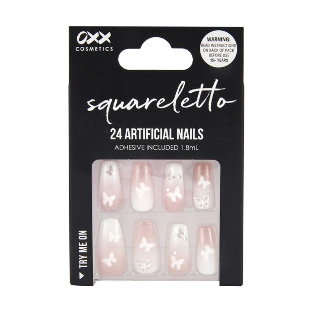 24 Pack Artificial Nails with Adhesive, Squareletto Shape, Butterfly - OXX Cosmetics